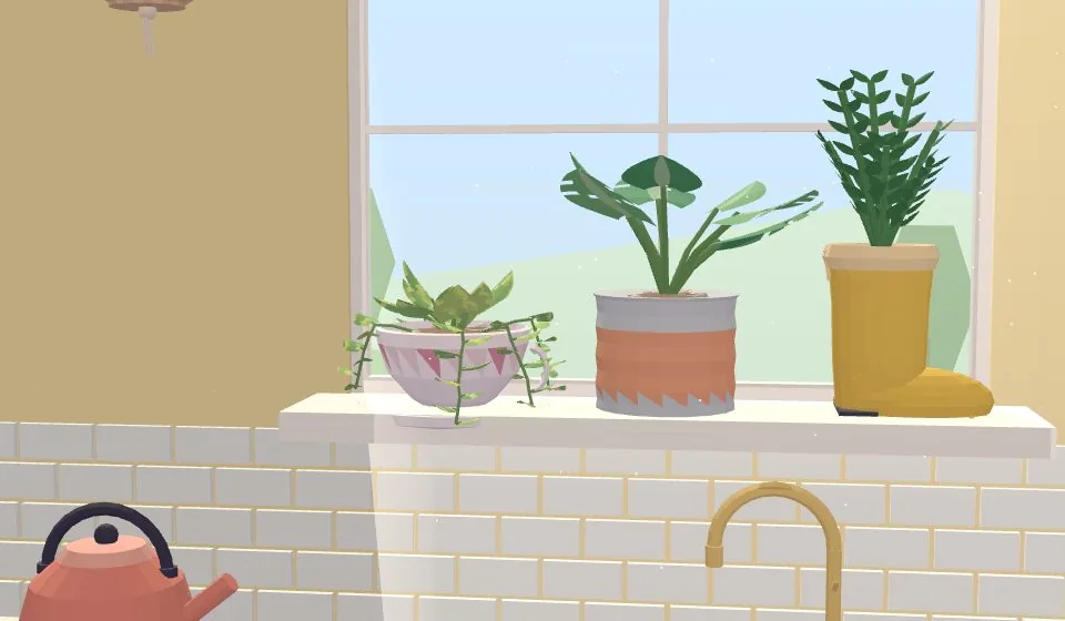 Kitchen windowsill with a coral kettle