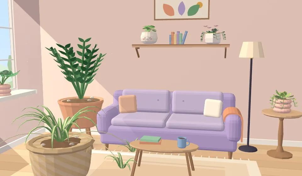 Living room with a lavender sofa and a monstera